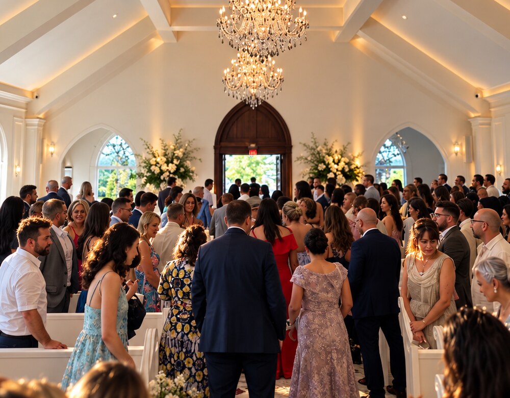 Well-dressed guests gathered under crystal chandeliers at a private celebration